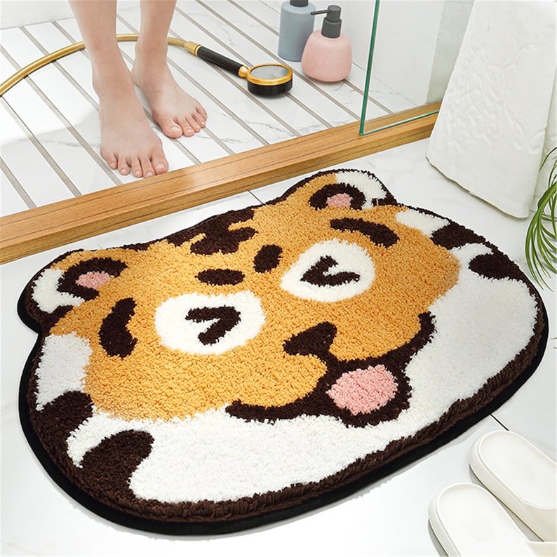 Cartoon Tigers Shaped Tufted Bath Mat, Non-Slip Bath Mat, Handmade Washable Bath Mat, Door Mat For Bathroom, Design Bathroom, Home Entrance