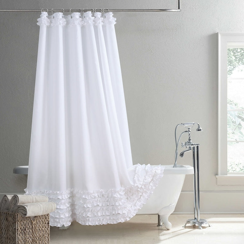 White Shower Curtain, Ruffled Farmhouse Shower Curtain