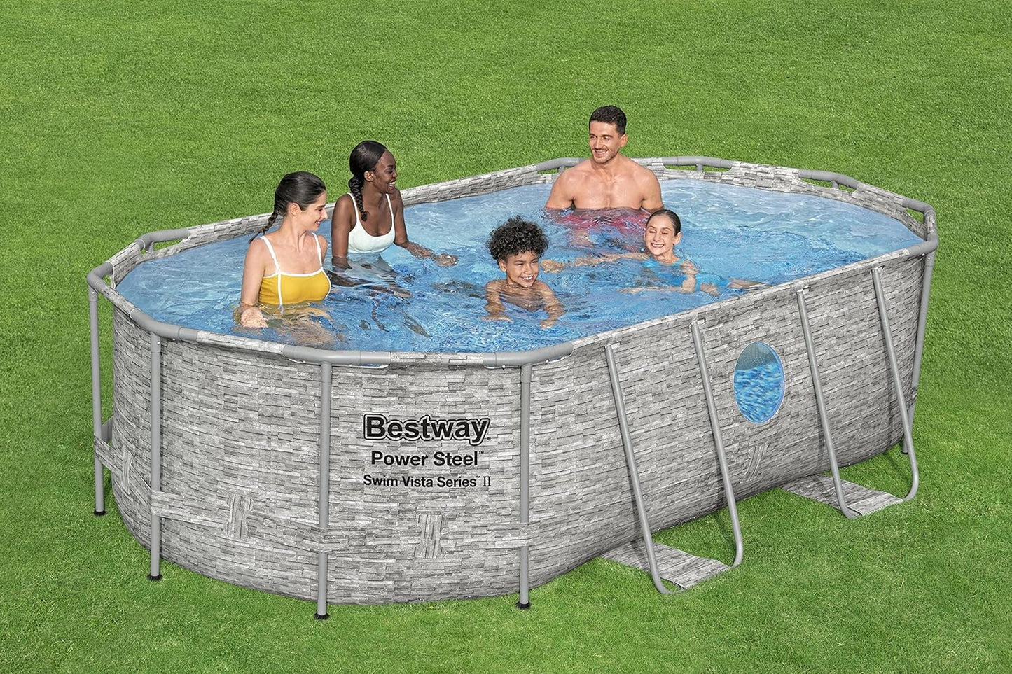 Bestway Power Steel Rectangular Metal Frame Above Ground Pool Kit with Filter Pump, Ladder and Pool Cover