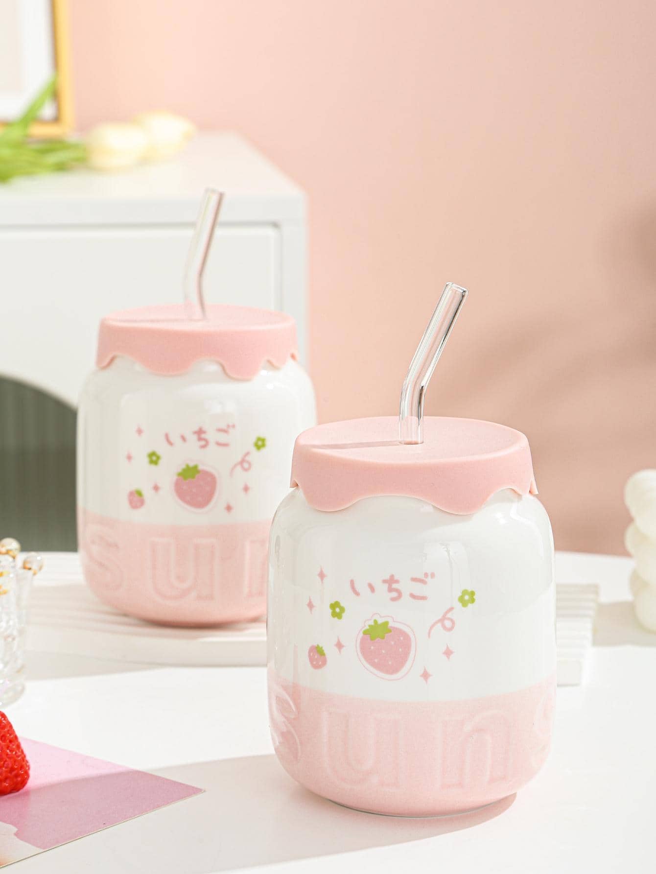1pc Cartoon Porcelain Mug with Straw