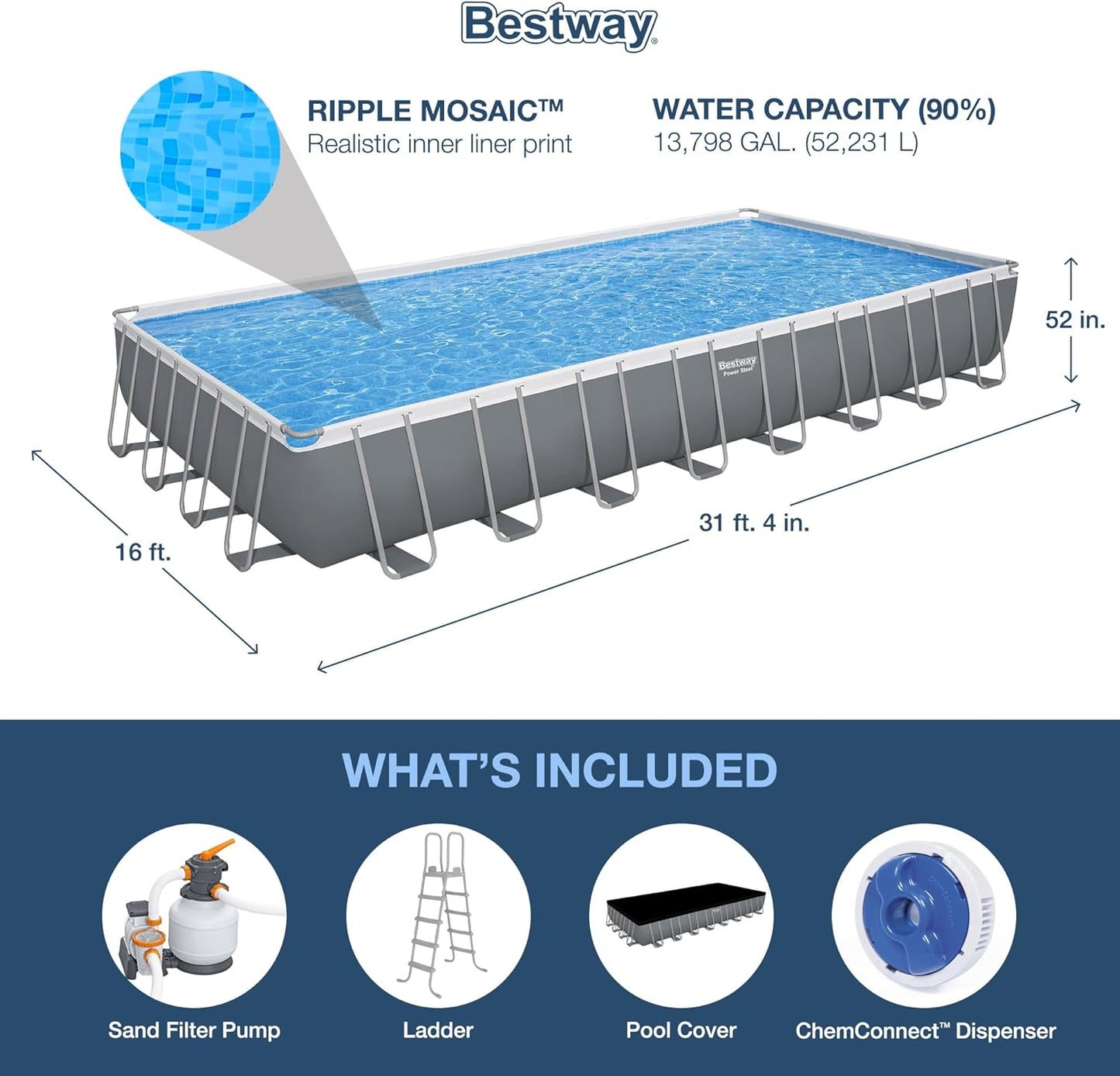 Bestway Power Steel Rectangular Metal Frame Above Ground Pool Kit with Filter Pump, Ladder and Pool Cover