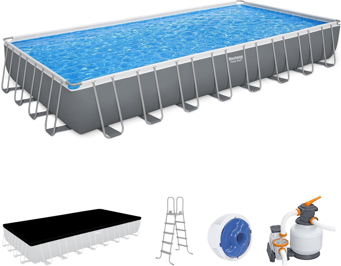 Bestway Power Steel Rectangular Metal Frame Above Ground Pool Kit with Filter Pump, Ladder and Pool Cover
