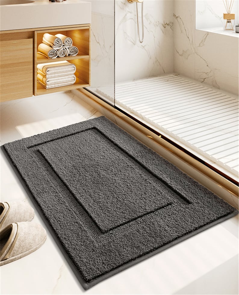 Minimalist Solid Fret Tufted Bath Mat,Non-Slip Bath Mat,Handmade Door Mat For Bathroom,Rectangular Carpet,Design Bathroom,Home Entrance