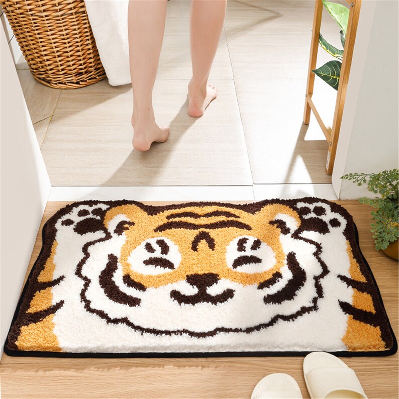Cartoon Tigers Shaped Tufted Bath Mat, Non-Slip Bath Mat, Handmade Washable Bath Mat, Door Mat For Bathroom, Design Bathroom, Home Entrance
