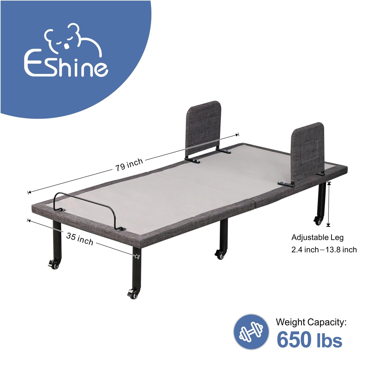 ESHINE Adjustable Bed with 6” Hospital Mattress - Bed Frame with Rails, Adjustable Heights with Wheels, Underbed Night Light, Wireless Remote, Head and Foot Inclined