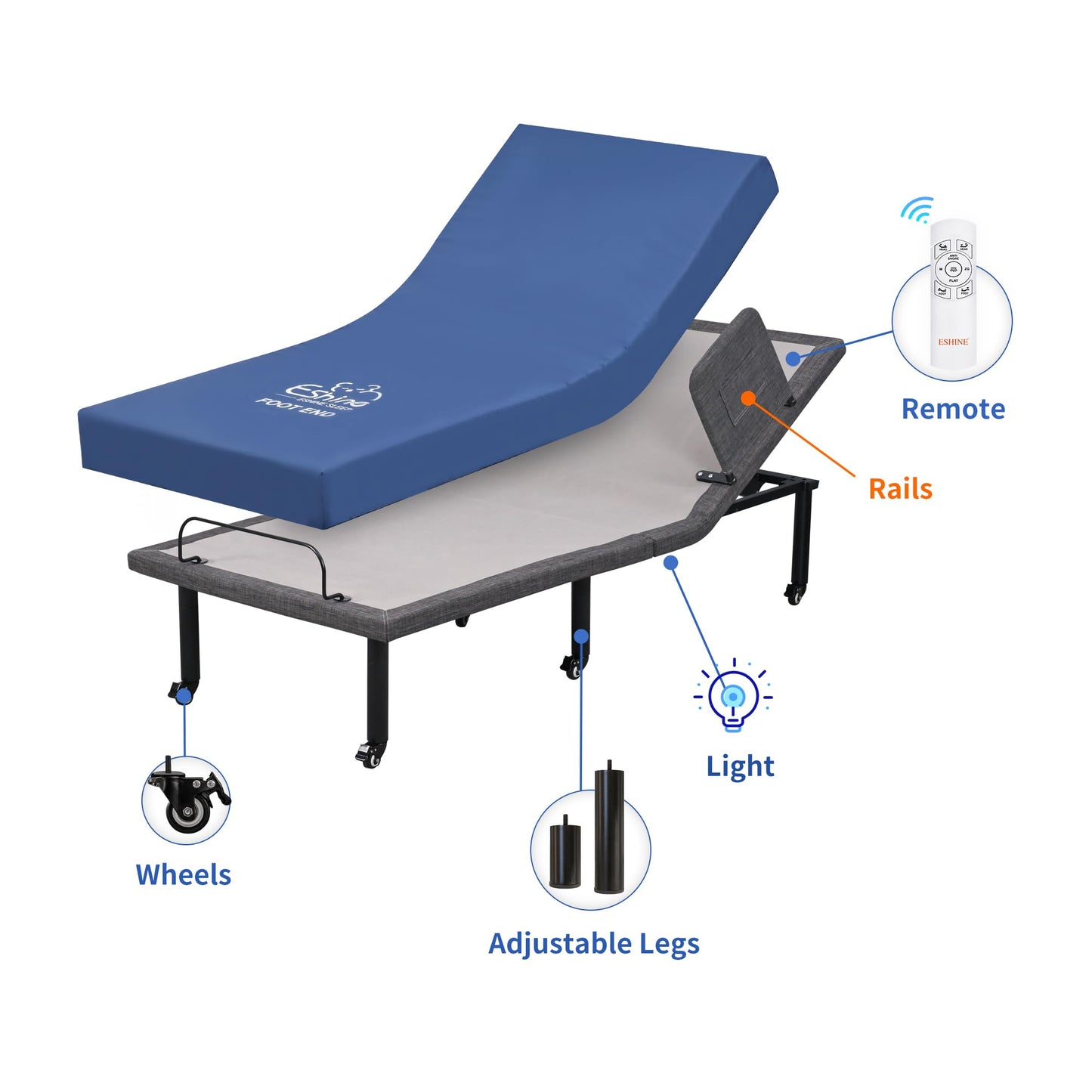 ESHINE Adjustable Bed with 6” Hospital Mattress - Bed Frame with Rails, Adjustable Heights with Wheels, Underbed Night Light, Wireless Remote, Head and Foot Inclined