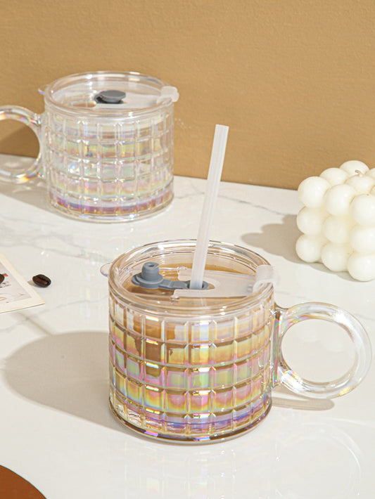 1pc Glass Drinking Cup With Lid & Straw