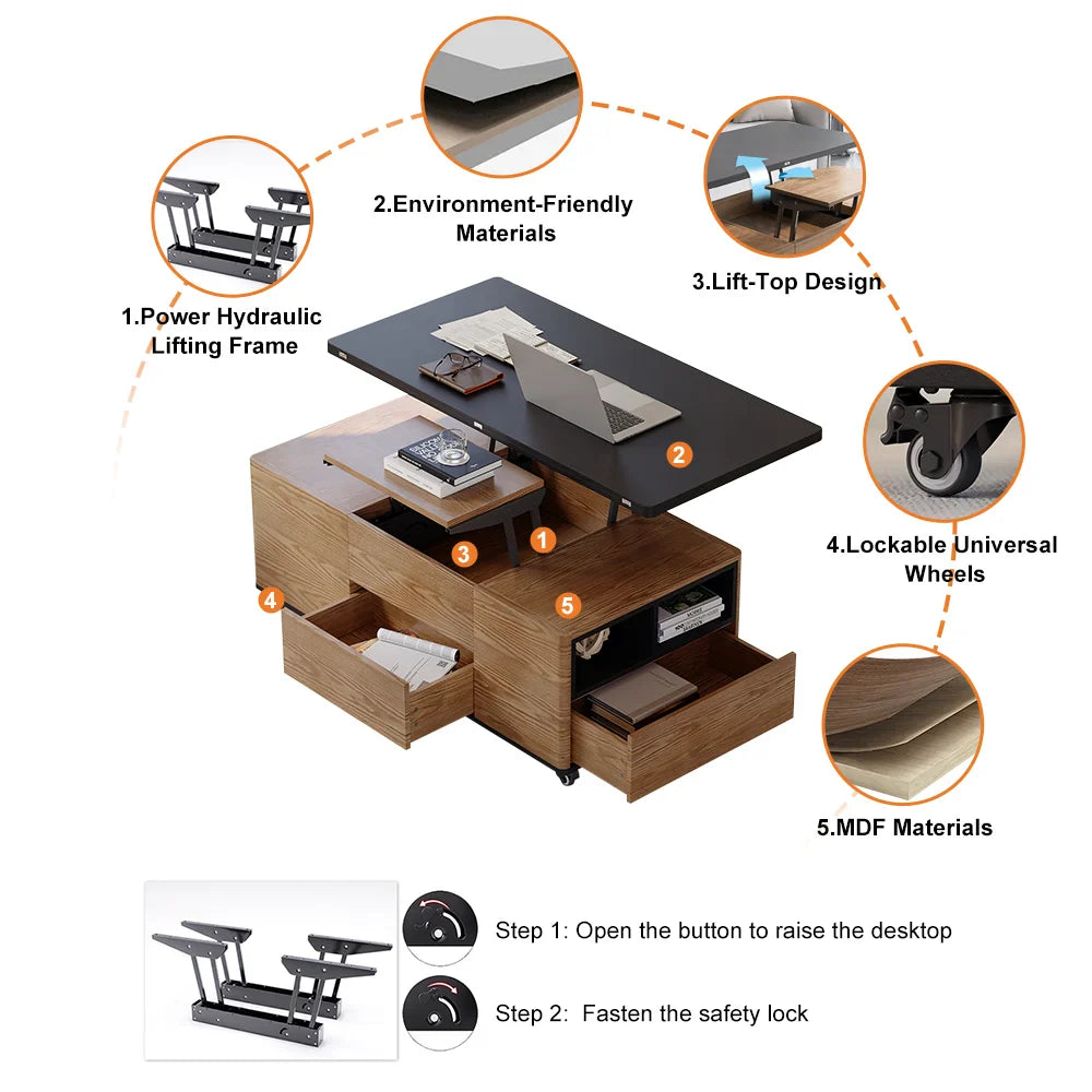 1200mm Lift-Top Foldable Walnut Coffee Table with Drawers & Cabinet