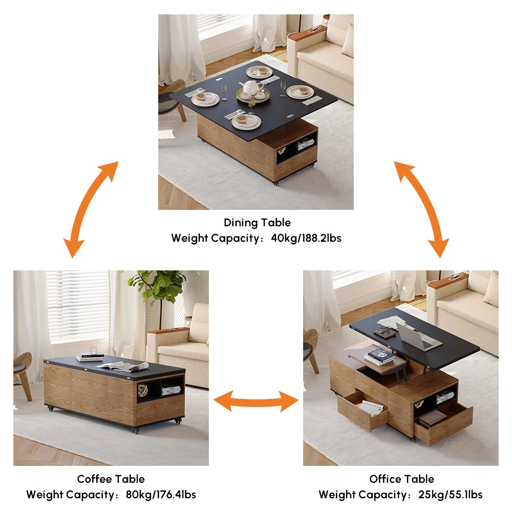 1200mm Lift-Top Foldable Walnut Coffee Table with Drawers & Cabinet