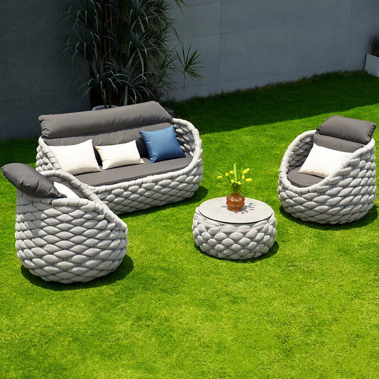 Tatta 4 Pieces Woven Rope Outdoor Swivel Sofa Set 360 Degree Rotatable with Coffee Table