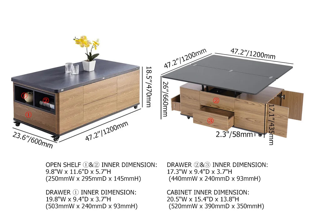 1200mm Lift-Top Foldable Walnut Coffee Table with Drawers & Cabinet
