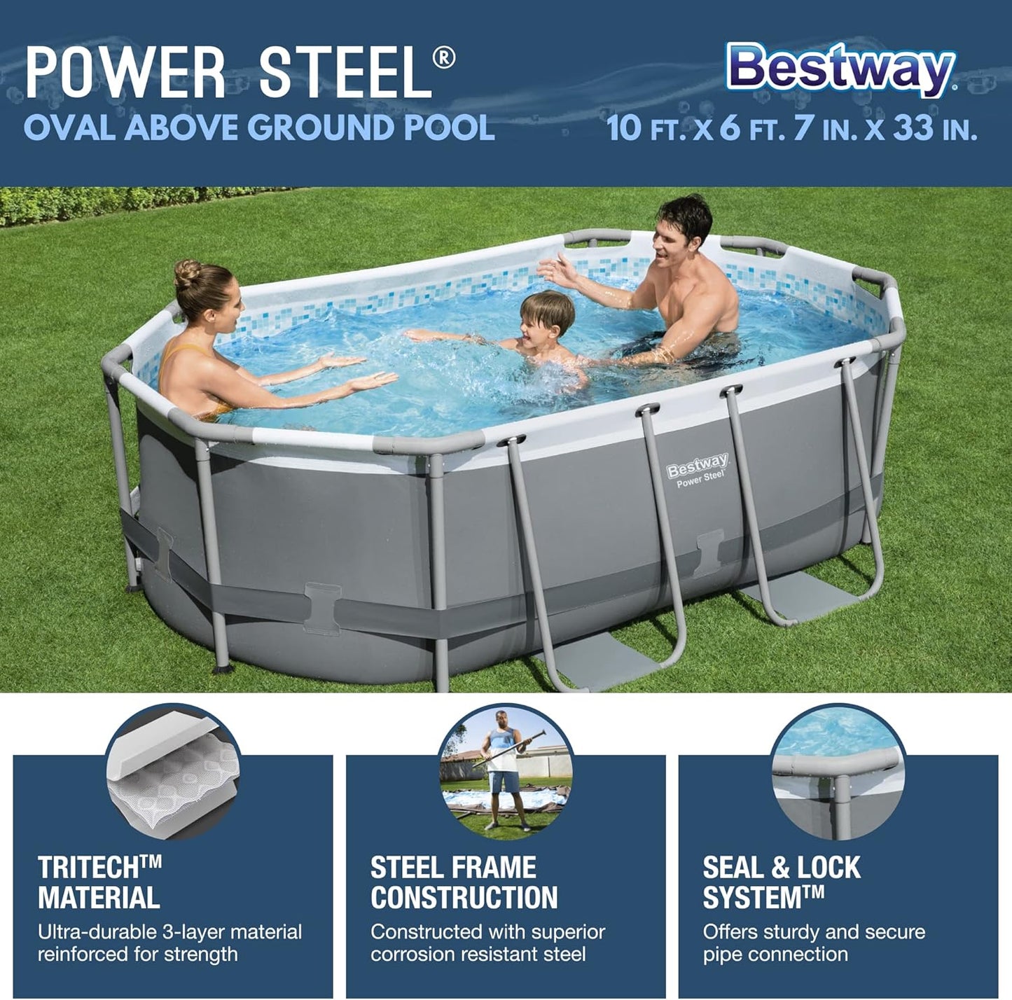 Bestway Power Steel Rectangular Metal Frame Above Ground Pool Kit with Filter Pump, Ladder and Pool Cover