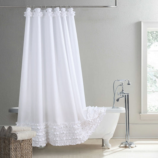 White Shower Curtain, Ruffled Farmhouse Shower Curtain