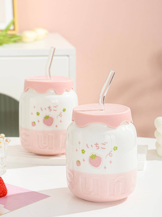 1pc Cartoon Porcelain Mug with Straw