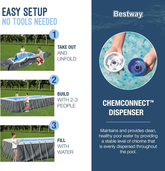 Bestway Power Steel Rectangular Metal Frame Above Ground Pool Kit with Filter Pump, Ladder and Pool Cover
