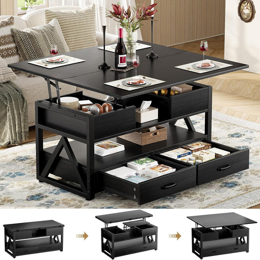 1200mm Lift-Top Foldable Walnut Coffee Table with Drawers & Cabinet