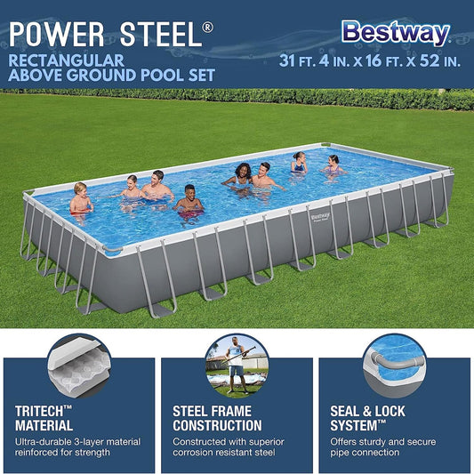 Bestway Power Steel Rectangular Metal Frame Above Ground Pool Kit with Filter Pump, Ladder and Pool Cover