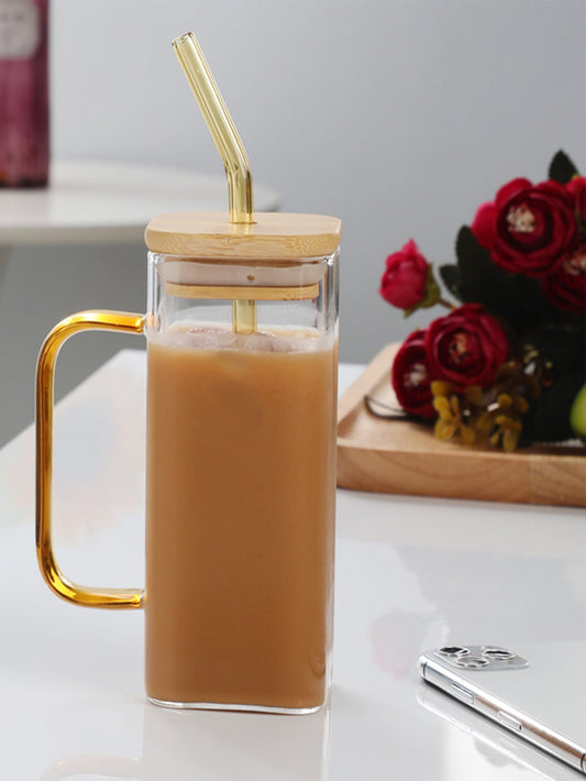 1pc Small Glass Cups With Lid And Straw
