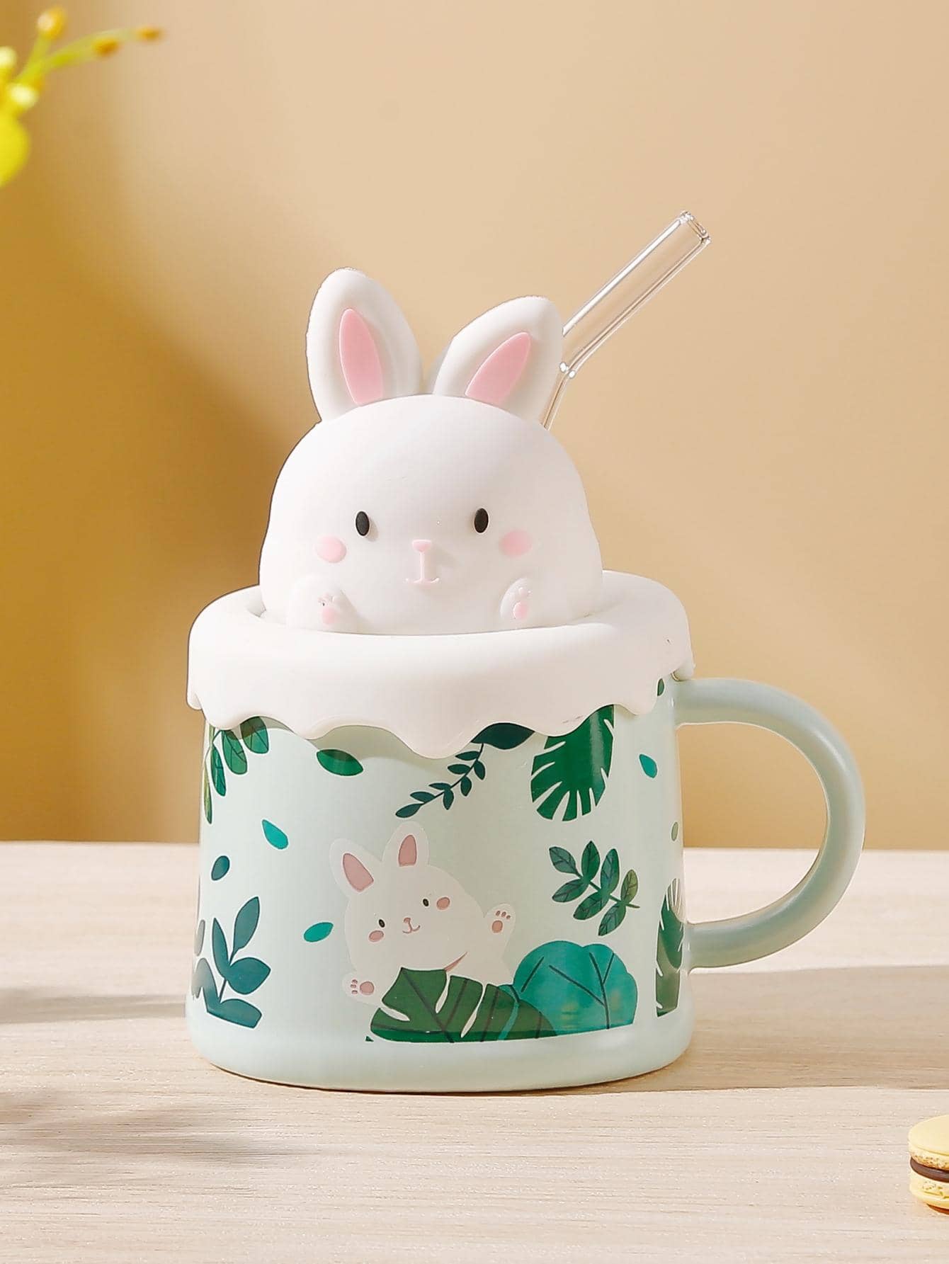 1pc Porcelain Mug & Lid & Straw