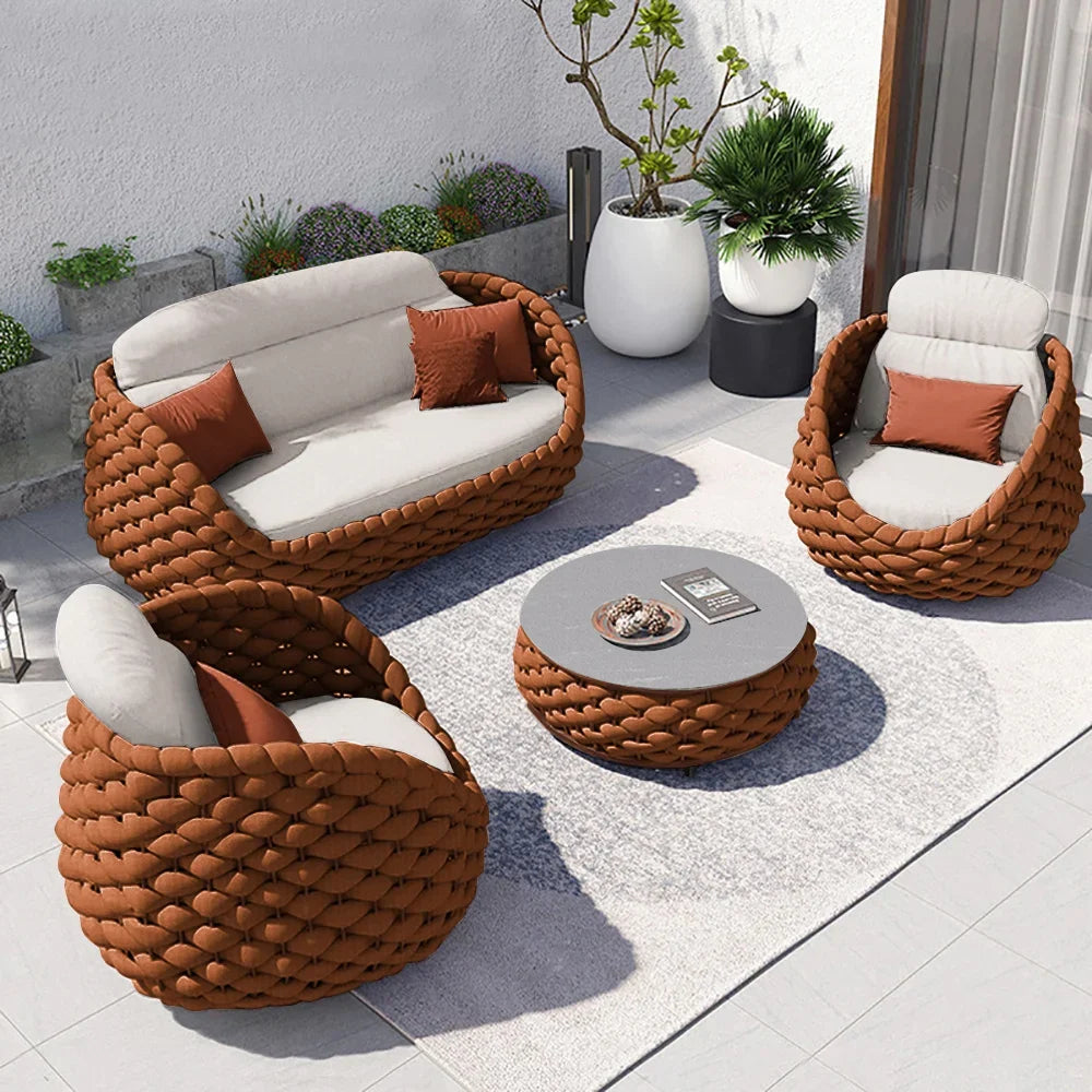 Tatta 4 Pieces Woven Rope Outdoor Swivel Sofa Set 360 Degree Rotatable with Coffee Table
