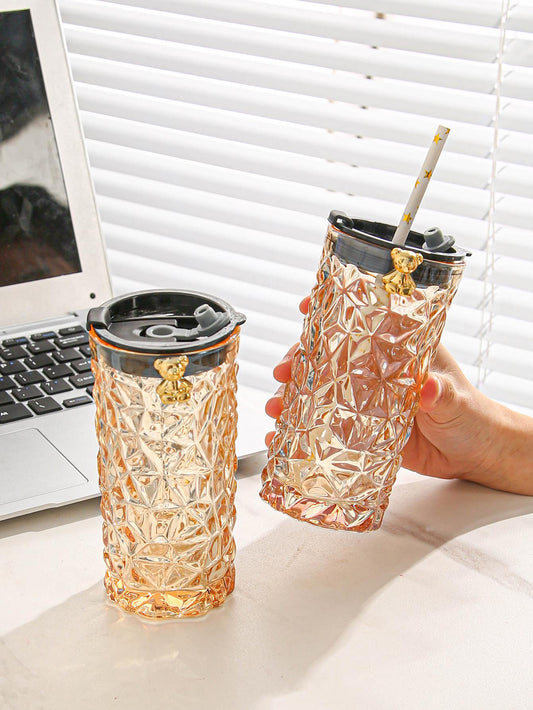 1pc Glass Cup with Lid and Straw
