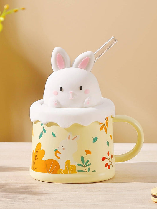 1pc Porcelain Mug & Lid & Straw