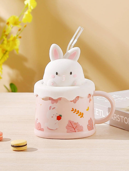 1pc Porcelain Mug & Lid & Straw