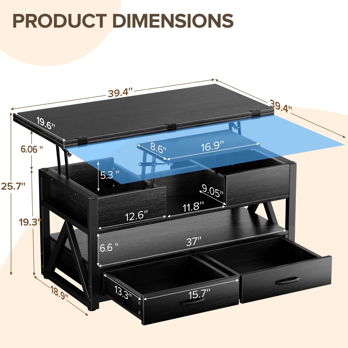1200mm Lift-Top Foldable Walnut Coffee Table with Drawers & Cabinet