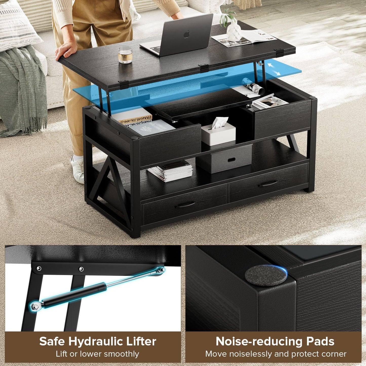 1200mm Lift-Top Foldable Walnut Coffee Table with Drawers & Cabinet