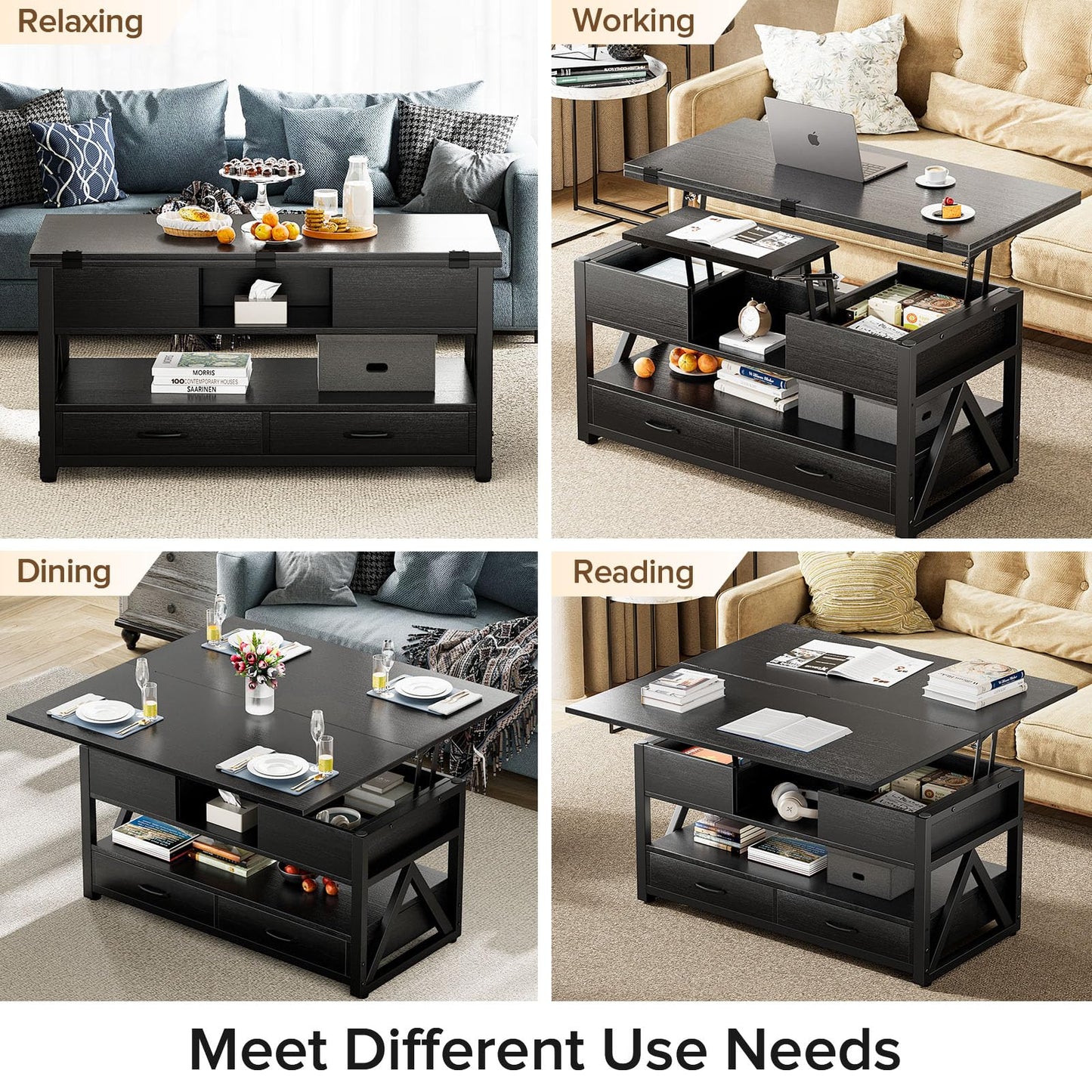 1200mm Lift-Top Foldable Walnut Coffee Table with Drawers & Cabinet